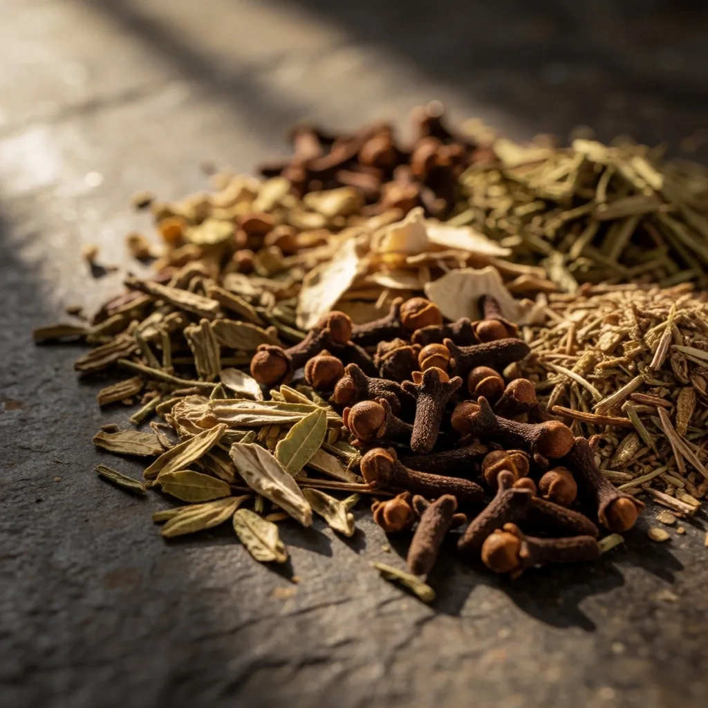 Assorted dried Indonesian herbs and spices arranged on dark slate