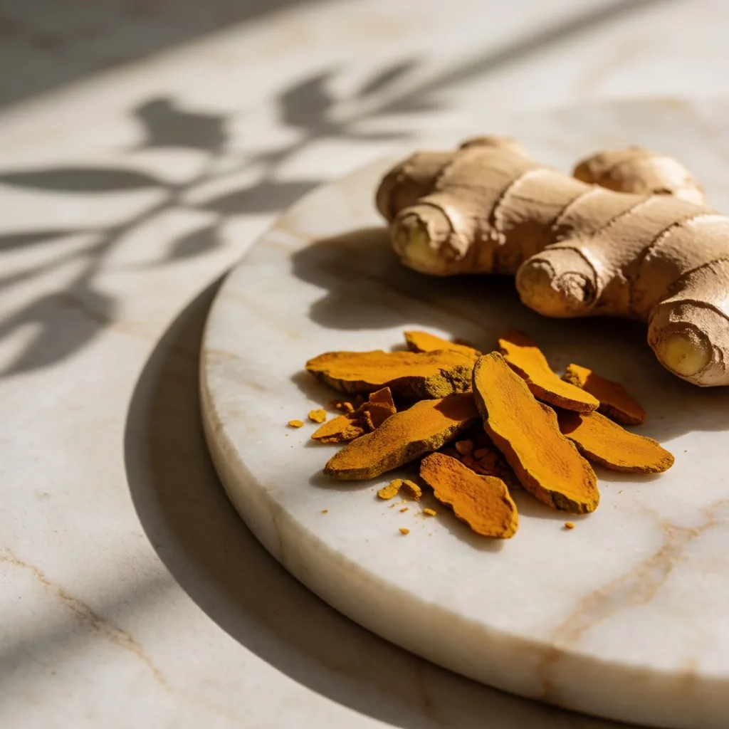 Dried turmeric and ginger roots on pale marble in warm light