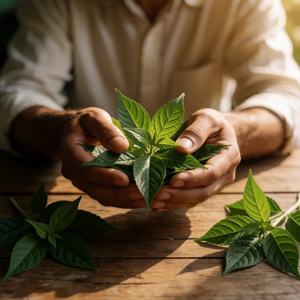 Hands holding fresh botanical leaves over a wooden table in natural light