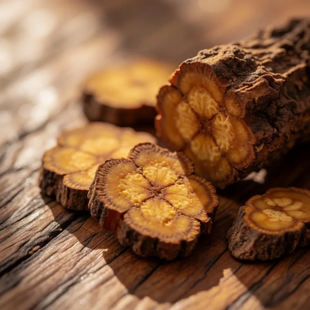 Eurycoma longifolia root sections on wood