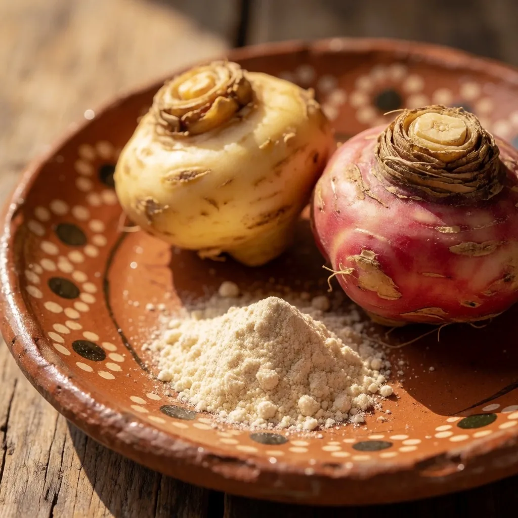 Maca root and powder on earthenware
