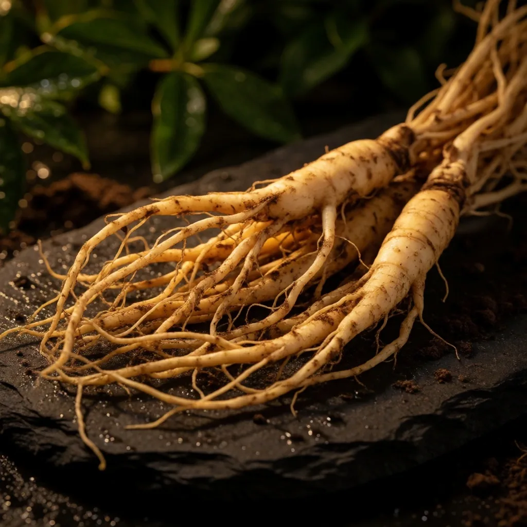 Panax ginseng roots on dark stone