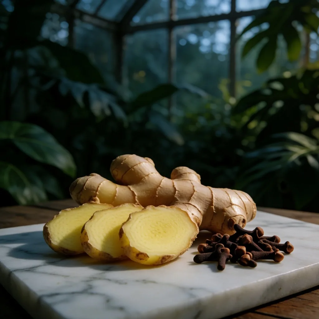 Botanical ingredients resting on a marble slab inside a glass conservatory at dusk