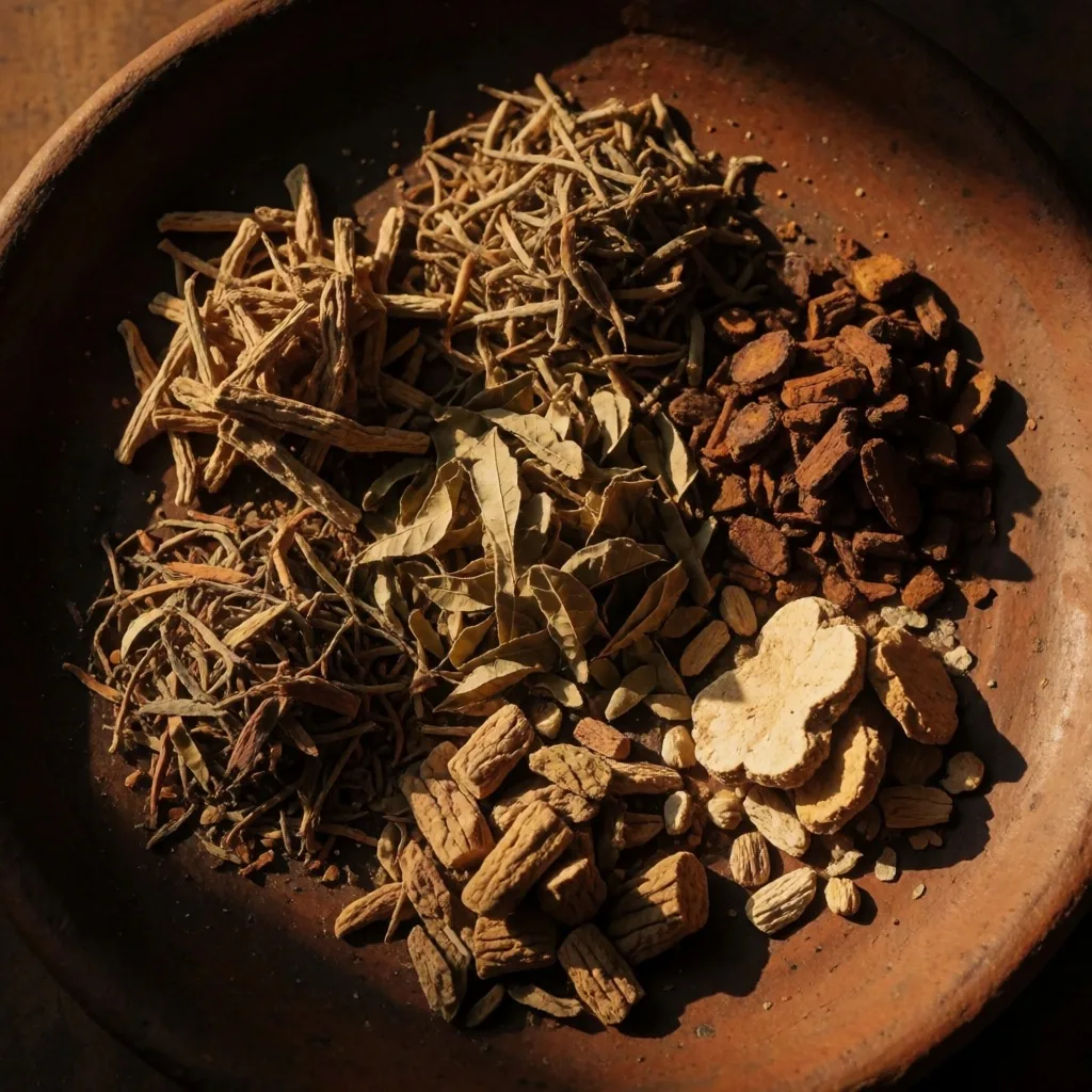 Dried botanical leaves and roots arranged under low warm light