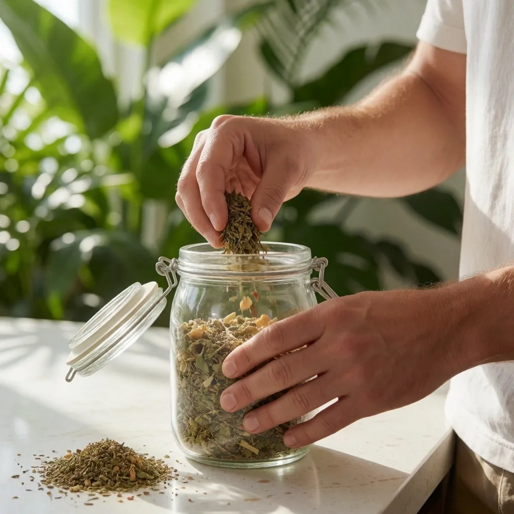 Dried botanical herbs on marble surface