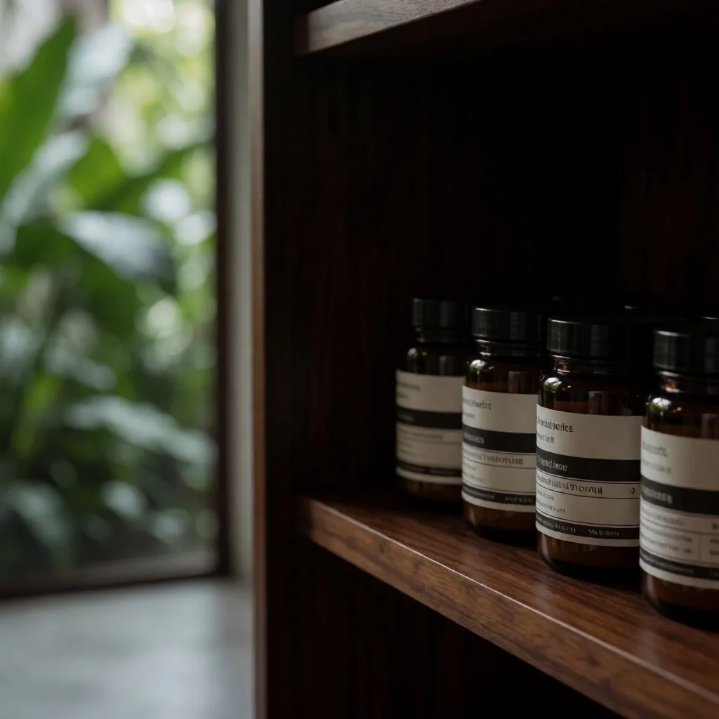 Properly stored supplement bottles on shelf
