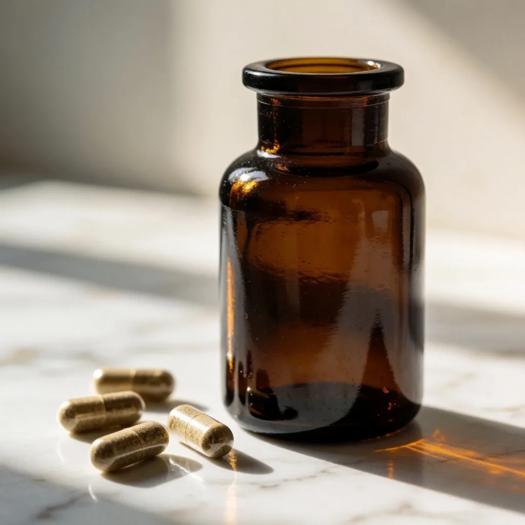 Supplement bottle on marble surface