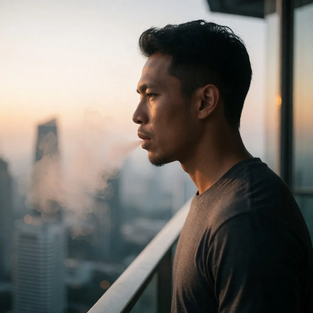 A man breathing calmly on a Jakarta rooftop at dawn