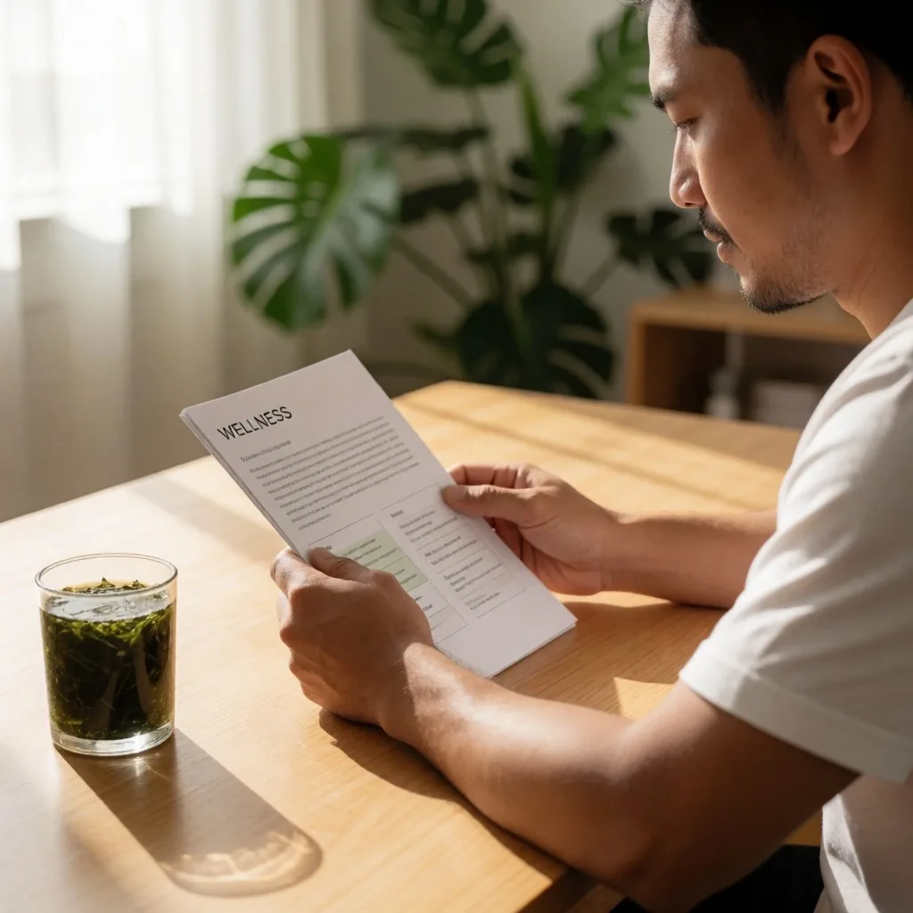 A man reading a nutrition guide at a sunlit Jakarta desk