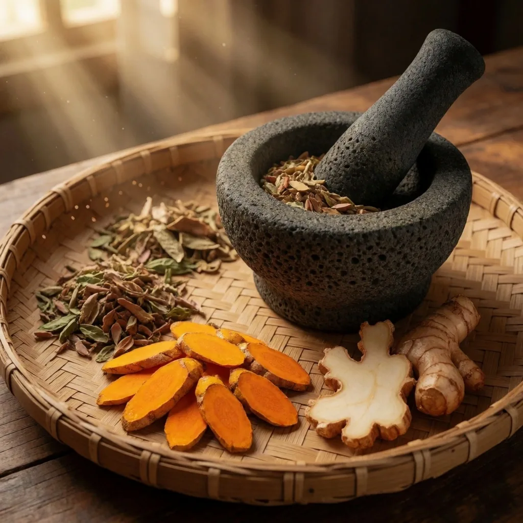 Traditional Jamu herbal preparation with mortar and pestle