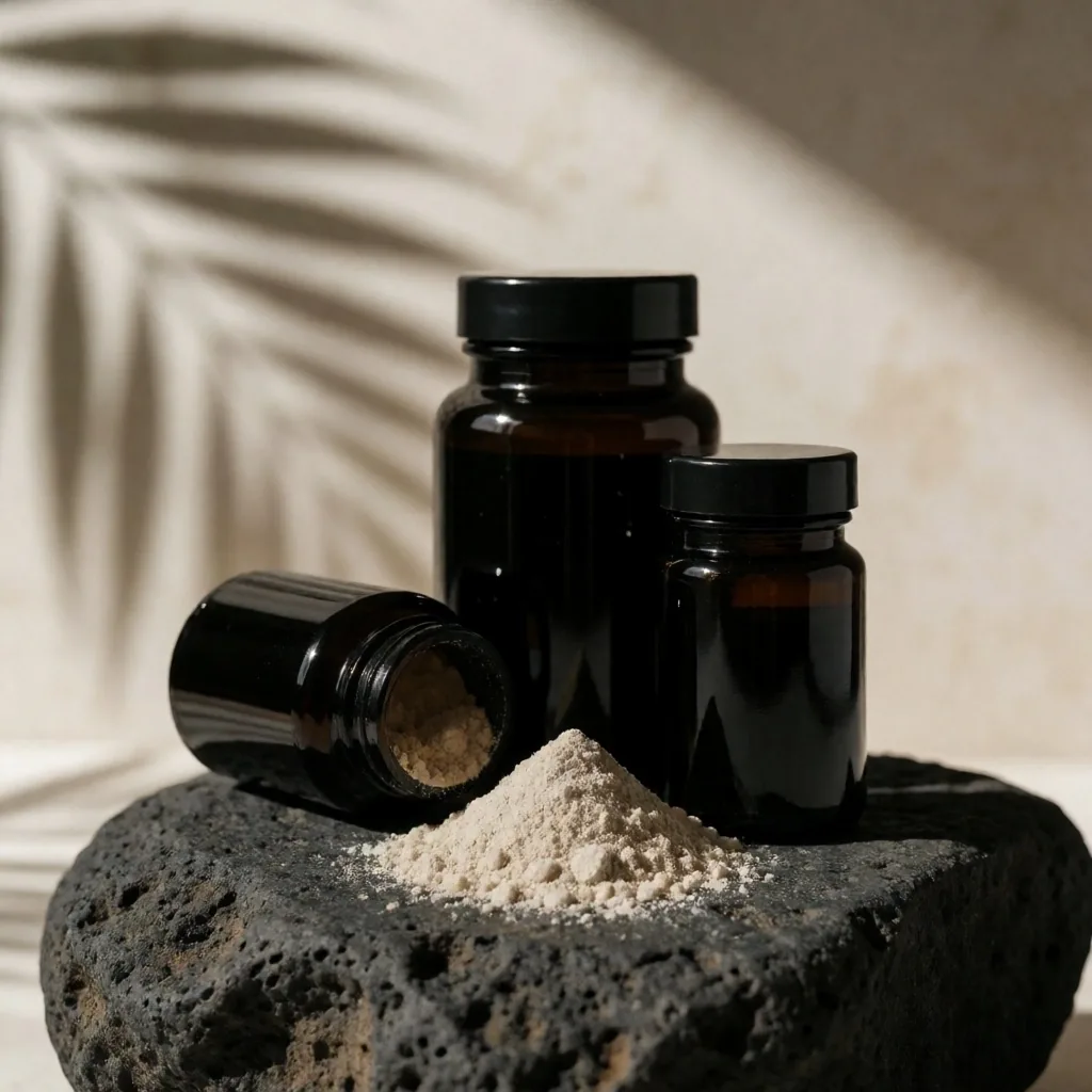 Amber jars with capsules and herb powders on a dark surface