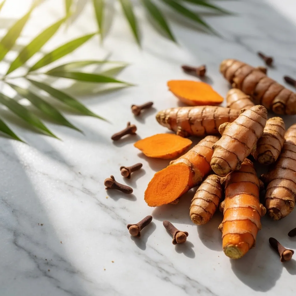 Botanical roots and ginger on a grey marble surface