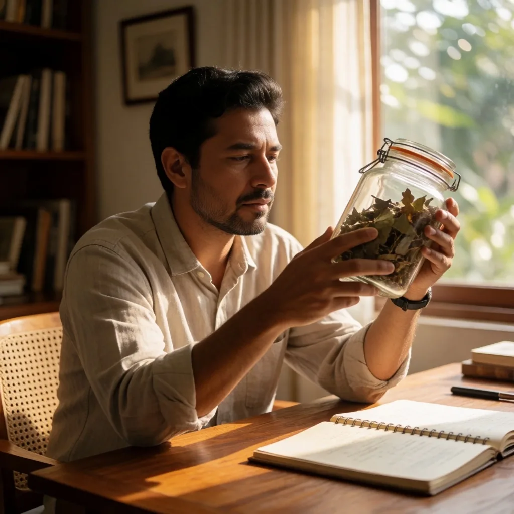 Man examining dried botanical leaves at a desk
