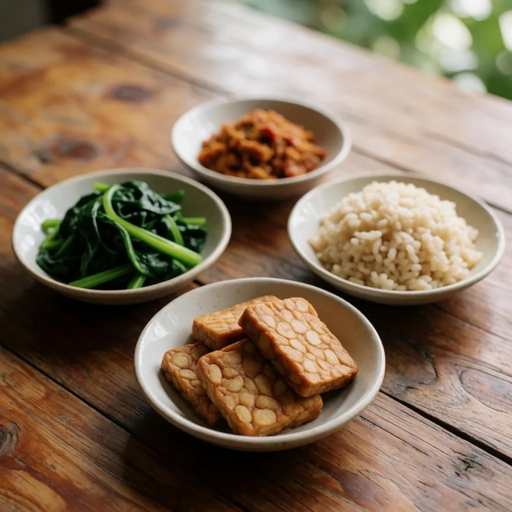 Indonesian whole foods arranged on wooden table