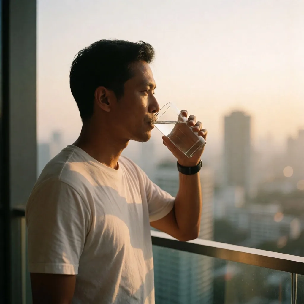 Man drinking water on Jakarta balcony at dawn