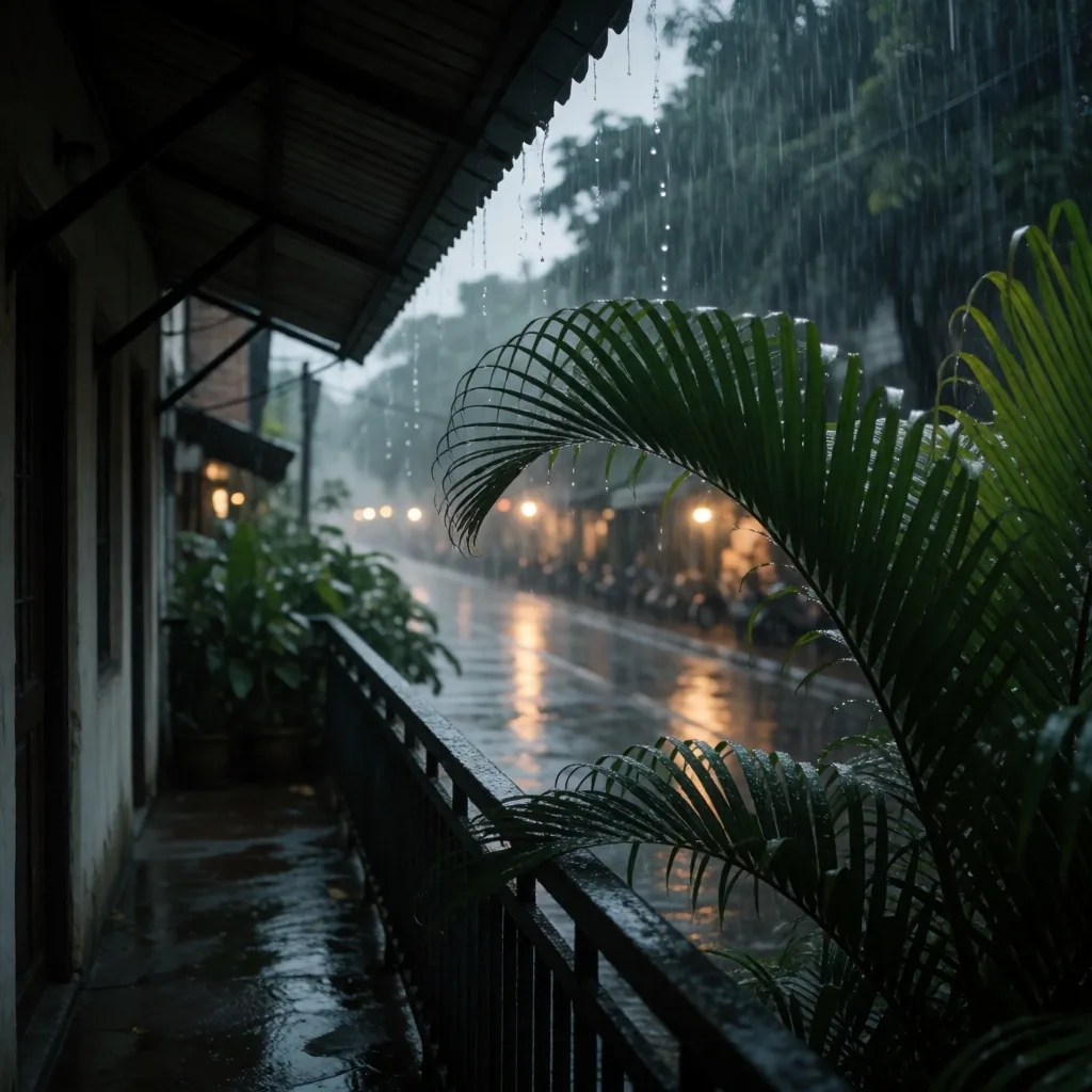 Rainy Jakarta street with wet pavement and palm leaves