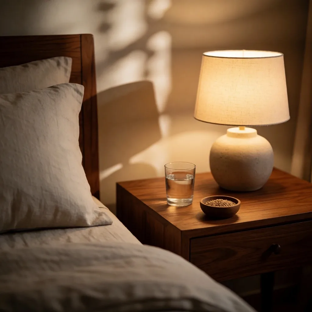Restful Jakarta bedroom at night with bedside lamp