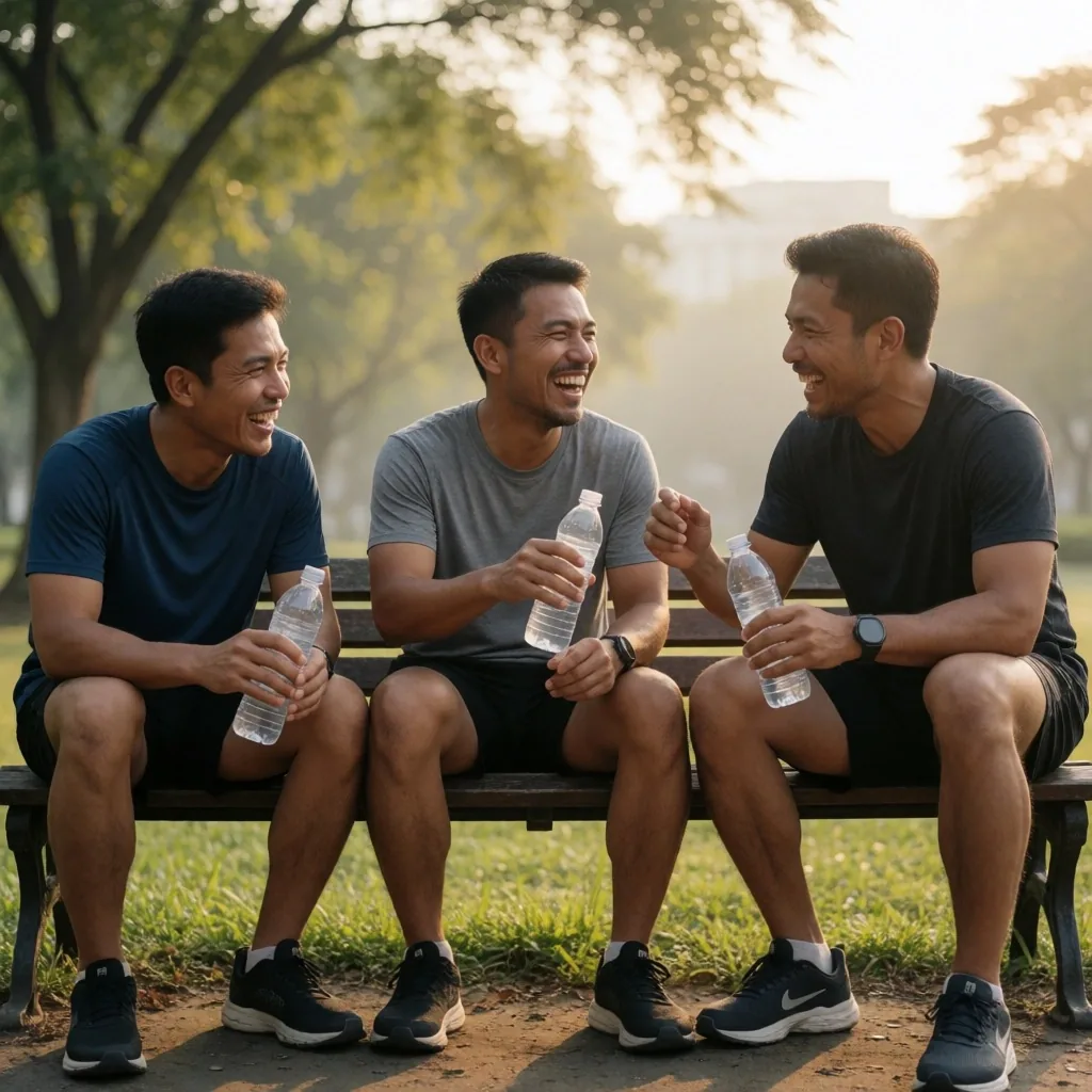 Three men resting after a morning run in Jakarta park